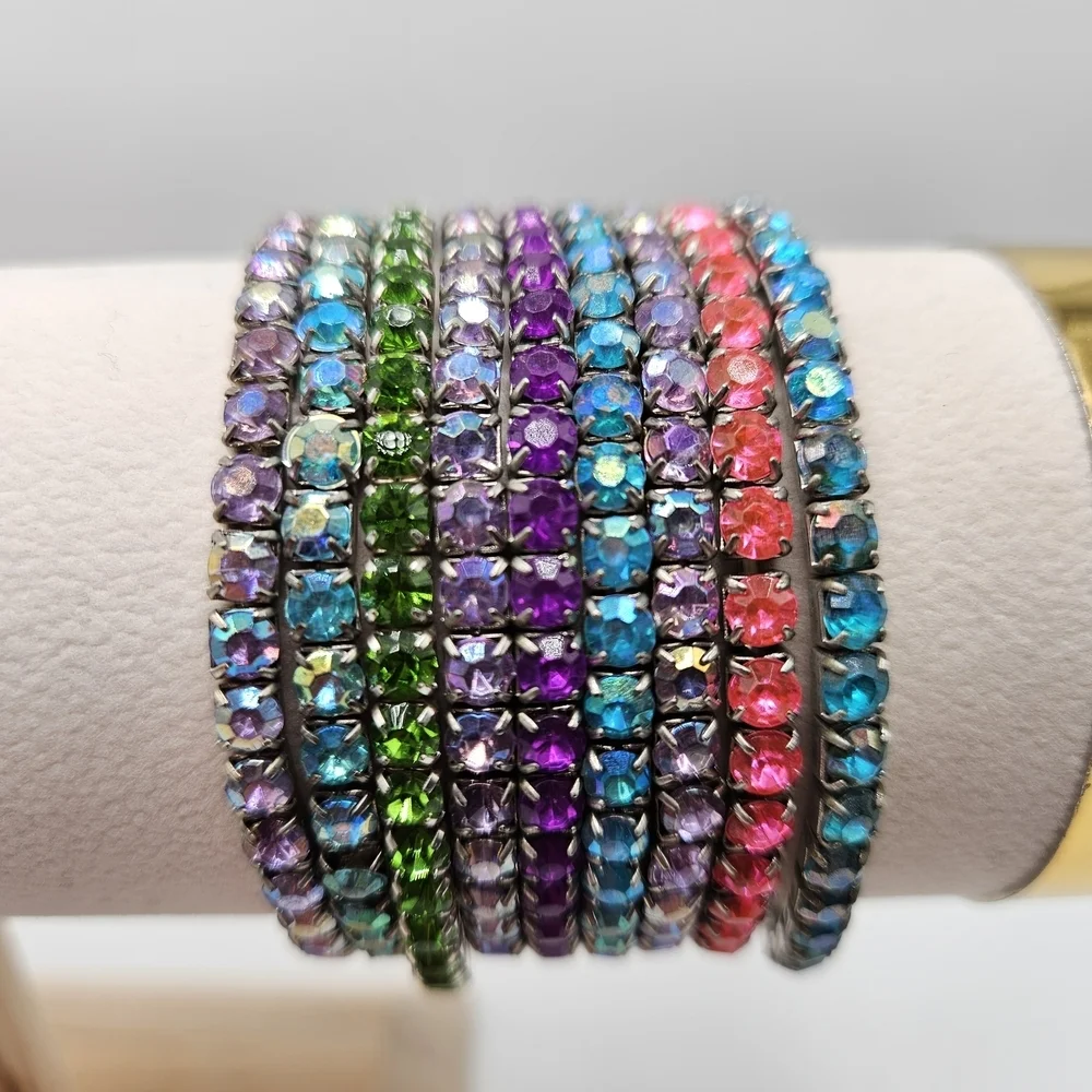 Rainbow Iridescent Rhinestone Stretch Thin Bracelet Set of 9 Purple Pink Green
